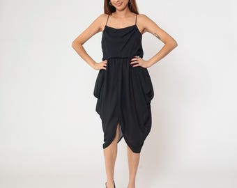 black asymmetric strap midi dress Medium 90s Asymmetrical Party | Vintage Spaghetti Ruched Bodice High Low Hem Dress Florals 34 Maxi Dress Sewing Color:Ivory/Black Low Iron If Needed