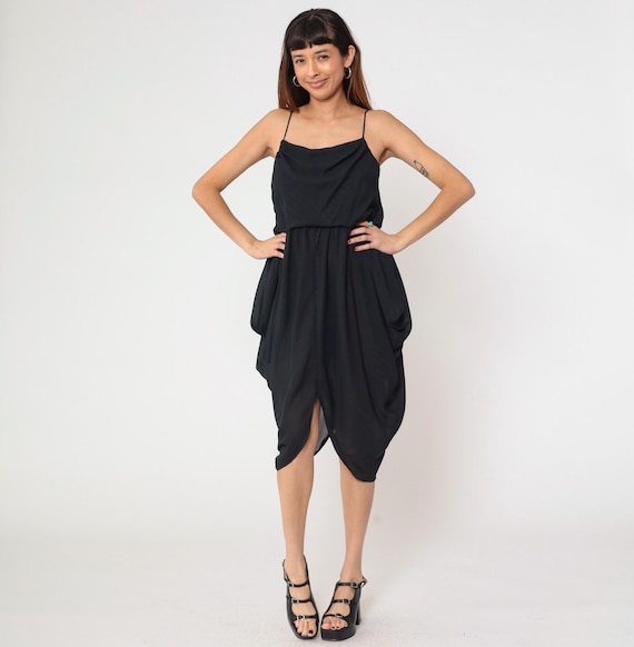 Cowl Neck Dress 80s Black Asymmetric Handkerchief Hem Spaghetti Strap Drape Cocktail Evening Party Tulip Hem Vintage Midi Small S 7/8