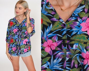 90s Tropical Shirt Black Hawaiian Blouse Pink Red Hibiscus Button Up 1990s Vintage Surfer Vacation Short Sleeve Retro Top Extra Large xl