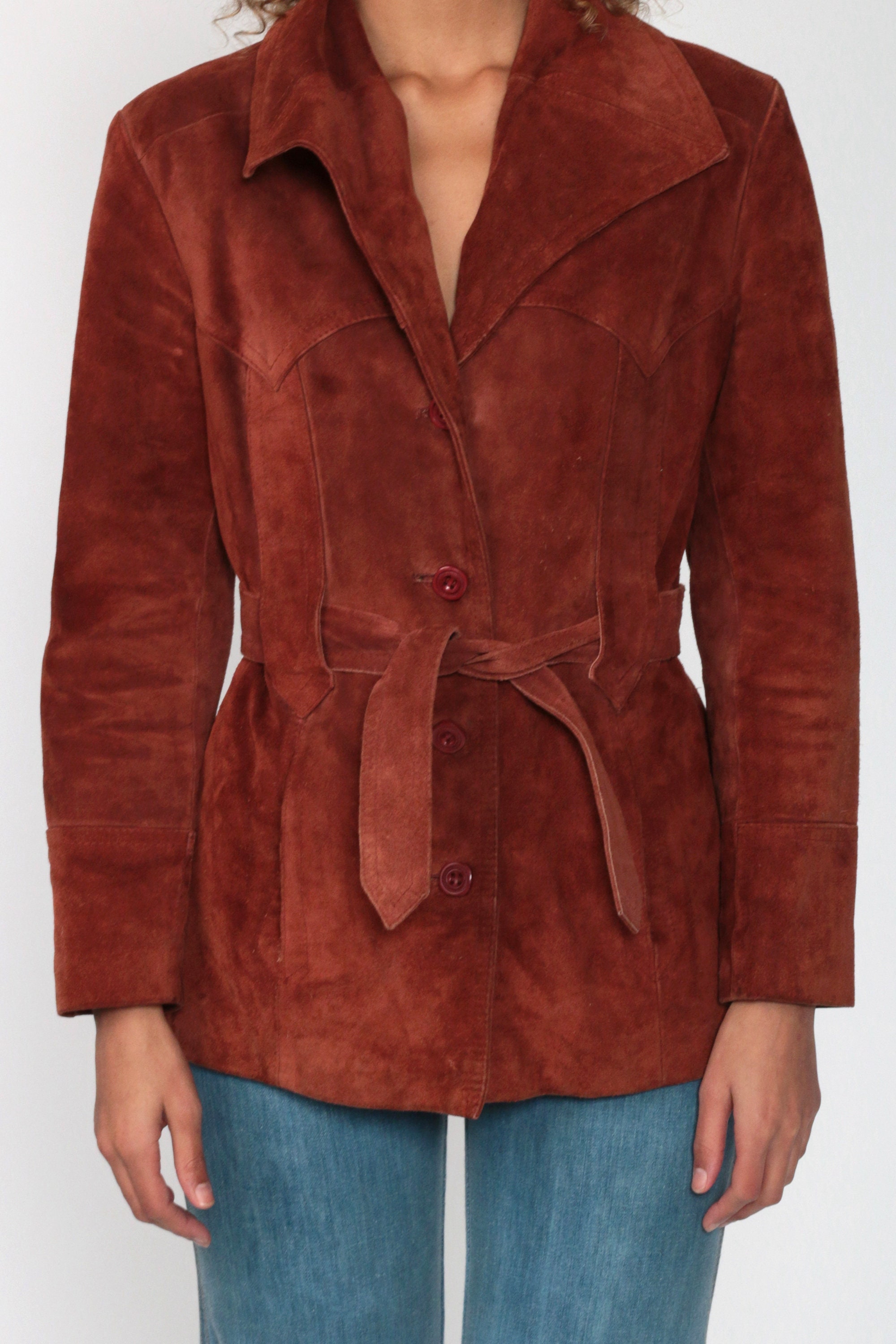 70s Suede Jacket Brown Leather Jacket Bohemian Coat Boho Hippie Jacket BELTED Jacket Fitted 