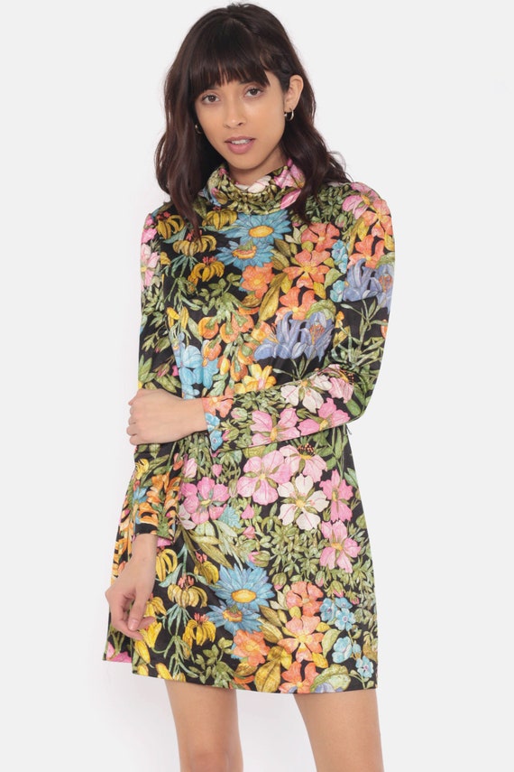 70s Mini Dress Mod Floral Garden Print Bright Shift Hippie Boho Turtleneck Black Long Sleeve High Neck Vintage 1970s Bohemian Small Medium