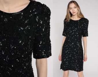 Black Sequin Mini Dress 80s Party Dress Shift Short Sleeve Going Out Dress Trophy Dress Formal Sparkly Vintage Glam Cocktail Silk Small