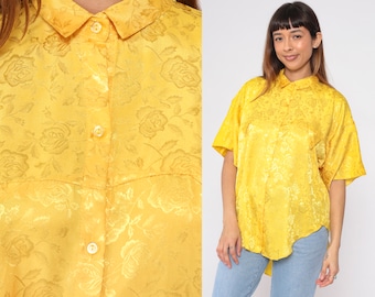 Bright Yellow Floral Blouse 90s Button up Shirt Shiny Embossed Flower Rose Print Top Short Sleeve Bohemian Hippie Retro Vintage 1990s Large