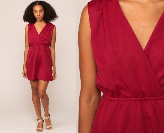 70s Dress Boho Grecian Party Mini Deep V Neck WRAP High Waist 1970s Drape VINTAGE Sleeveless Burgundy Red Bohemian Cocktail Medium Large