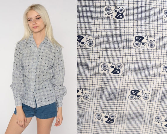 70s Shirt Checkered Steam Car Novelty Print Blouse Button Up Disco Top Hippie Dagger Collar Retro Long Sleeve Collared Vintage 1970s Small S