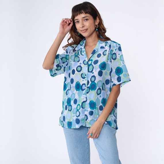 Vintage 90s Geometric Shirt -- Blue Circle Print Blouse Watercolor Button Up Shirt 1990s Short Sleeve Extra Large xl