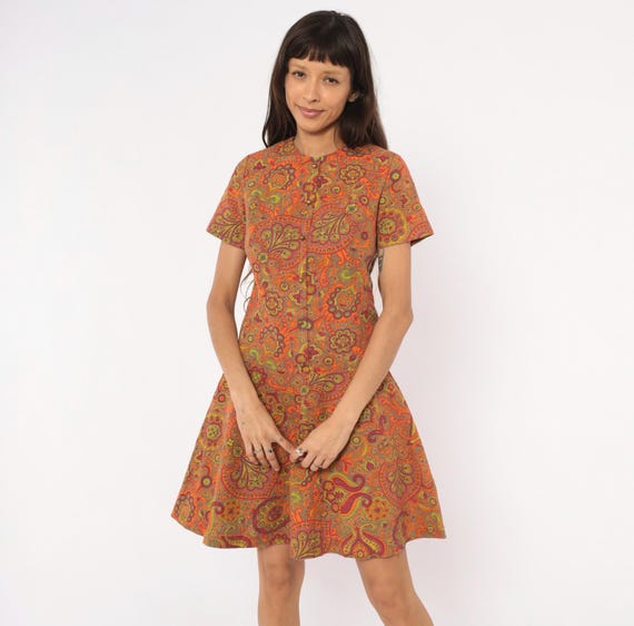 60s Paisley Shift Dress Orange Copper Floral Print Button Front Short Sleeve Cotton Psychedelic Mod Autumn Terra Cotta Rust Vintage Small S