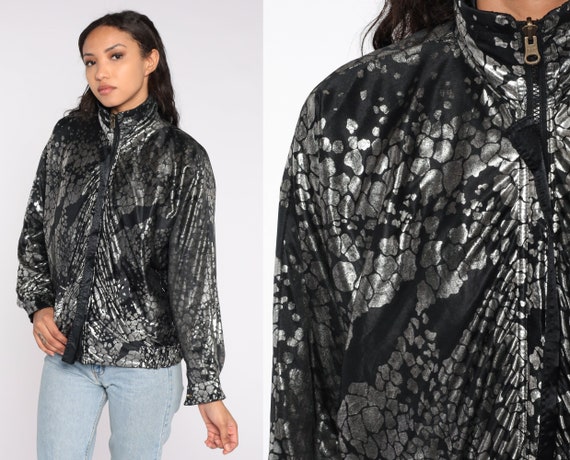 Reversible Windbreaker 90s Black Abstract Metallic Silver Zip Up Bomber Vintage Warmup Sports Track Jacket 1990s Retro Streetwear Large L