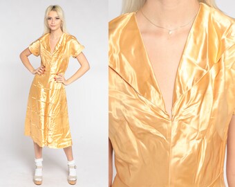 40s Dress Gold Silk Satin Midi Dress Collared Retro Party Formal Cocktail Dress Tea Length Glam Short Sleeve V Neck Vintage 1940s Small S
