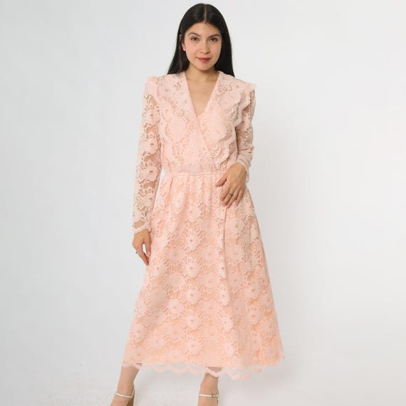 Pink Lace Dress 80s Blush Floral Lace Maxi Dress V Neck Long Sleeves Empire Waist Summer Sundress Romantic Feminine Elegant Dreamy Small S