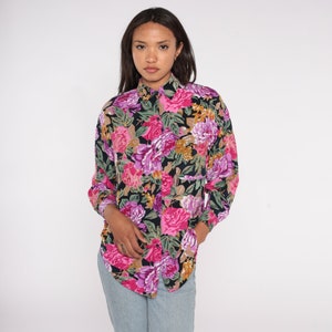 90s Floral Blouse Metallic Gold Pink Purple Rose Button Up Shirt Rayon Long Sleeve Top Boho 1990s Vintage Collared Shirt Flower Print Small