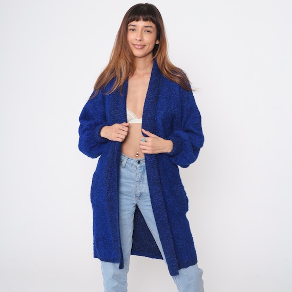 90s Blue Cardigan Bouclé Knit Knee Length Duster Jacket Fuzzy Royal Blue Cozy Sweater Coat Grandpa Style Vintage Loungewear Medium M