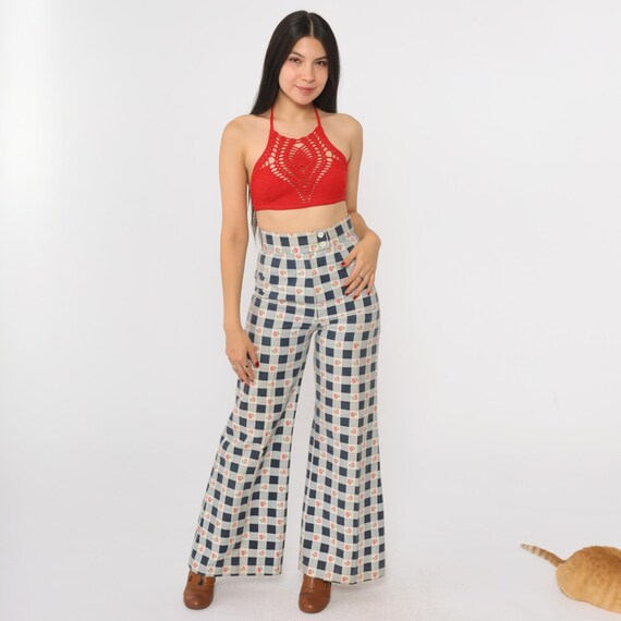 Vintage 70s Floral Bell Bottom Pants Trousers Gingham Checkered High Waisted Pants Boho White Blue Hippie Flared Bohemian Extra Small xs