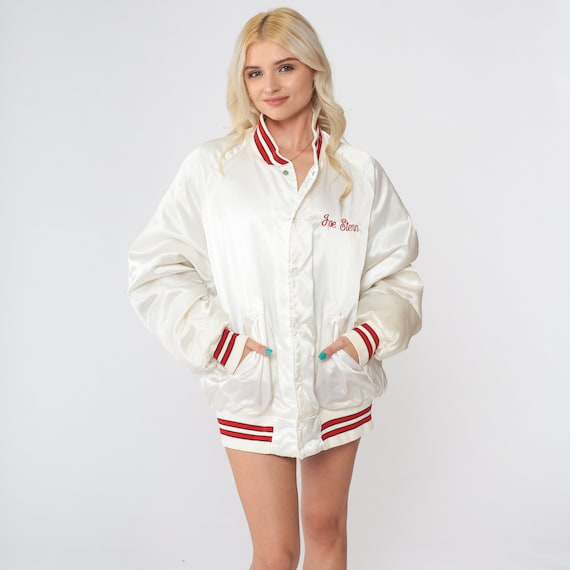 Satin Bomber Jacket 80s The Bicycle Source Jacket White BMX Freestyle Bike Jacket Baseball Snap Up Uniform Joe Stern Vintage Extra Large xl