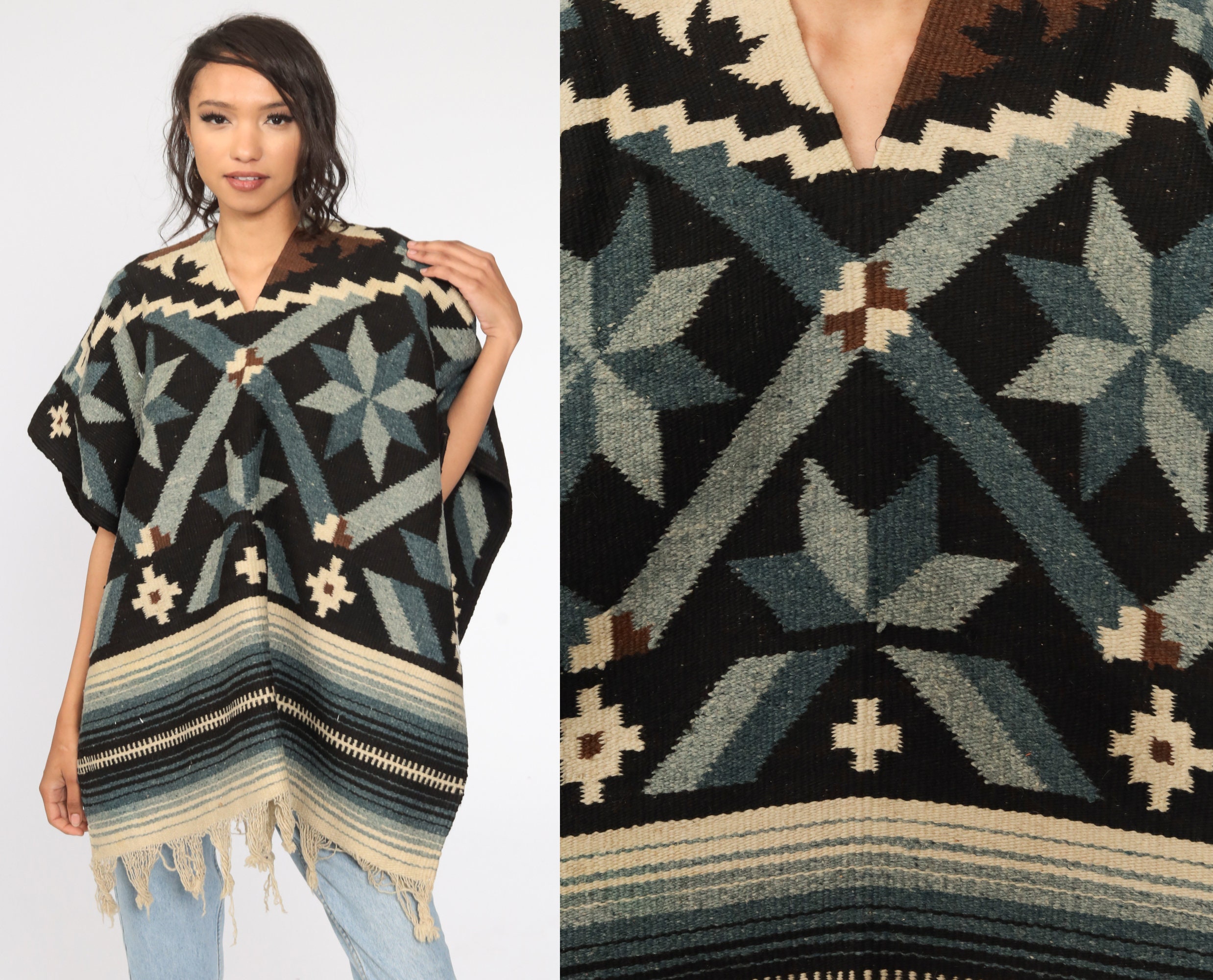 Blanket Poncho Mexican Serape Shawl Ethnic Poncho Cape Wool Serape Striped Aztec Boho Cape Vintage Fringe Bohemian Small Medium Large