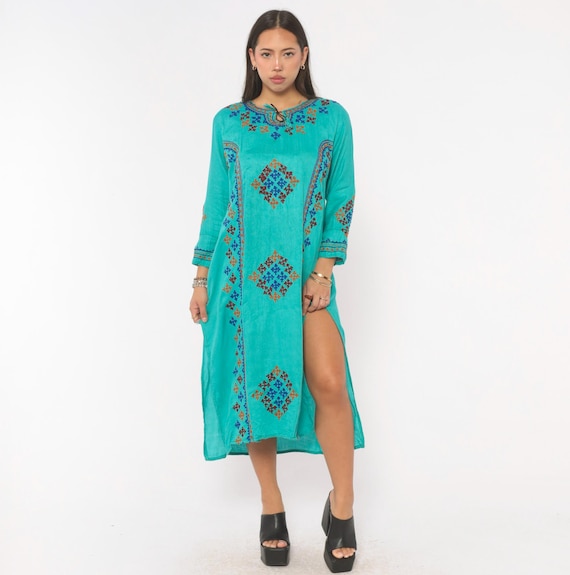 Y2K Embroidered Teal Kaftan Cotton Tunic Dress Cross Stitch Diamond Pattern Turquoise Long Sleeve Ethnic Tribal Folk Art Side Slit Medium M