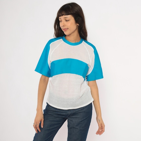 90s Mesh Panel Tee Kanu Blue White Color Block Raglan Sleeve Cotton Athletic Sporty Crew Neck Colorblock Short Sleeve Shirt Unisex Medium M