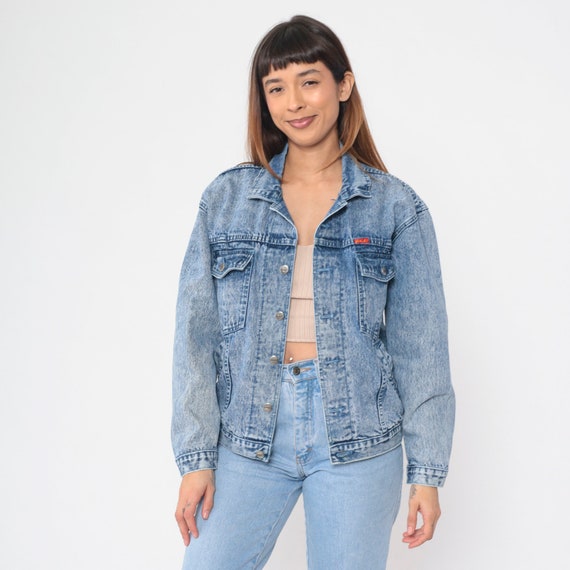 Stone Wash Denim Jacket 90s Boogie Jean Jacket Blue Button up Retro Basic Plain Streetwear Boyfriend Trucker Biker Vintage 1990s Medium M