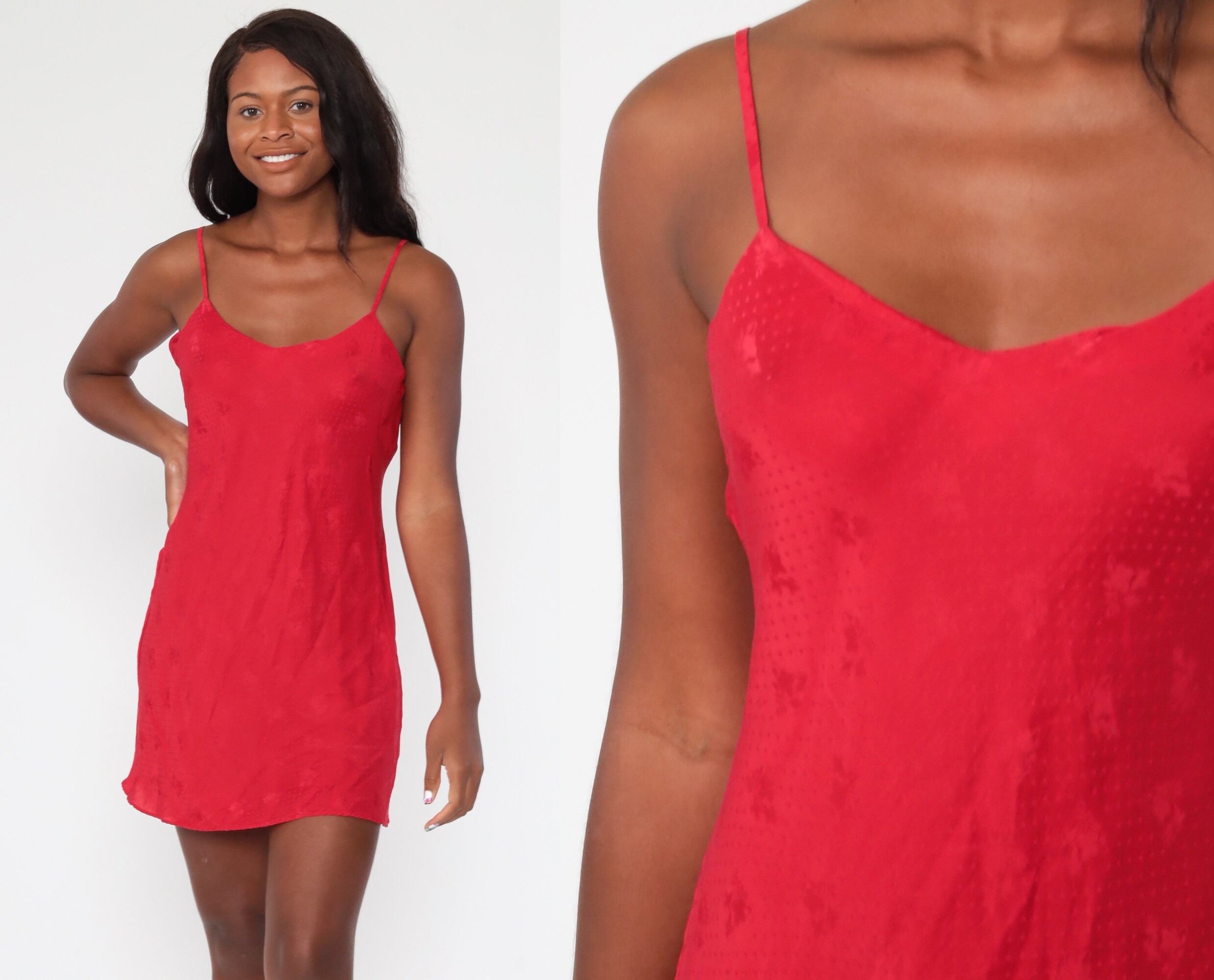 Silk Slip Dress 90s Red Slip Dress Floral Embossed Lingerie Chemise Mini Slip V Neck Vintage 