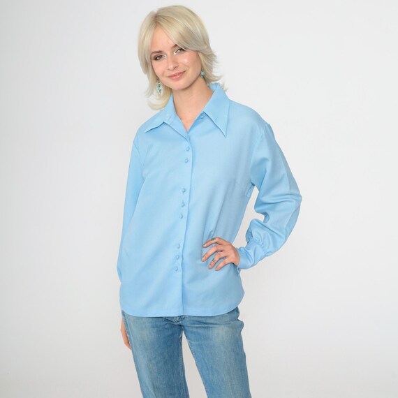 70s Baby Blue Blouse Pastel Button Up Shirt Pointed Dagger Collar Long Sleeve Collared Top Preppy Basic Plain Vintage 1970s Small 34