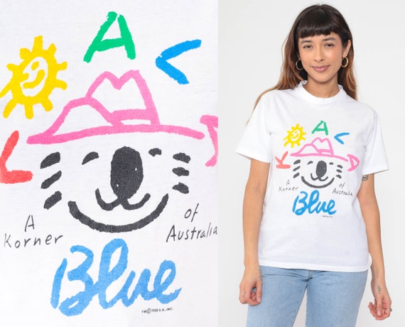 1988 Koala Blue Shirt Australia T Shirt 80s Wildlife Animal TShirt Vintage Retro Graphic Shirt White Crewneck 1980s Cotton Small S