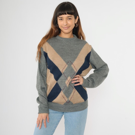 Vintage Grey Checkered Sweater 80s Plaid Crewneck Tan Navy Blue Pullover Knit Pullover Slouchy Basic Sweater 1980s Large L