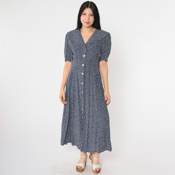 90s Midi Dress Dark Blue Polka Dot Button up Dress Retro Preppy Collared Puff Sleeve Secretary Dress Casual Day Vintage 1990s Medium 10