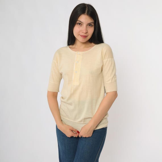 40s Shepherd Cardigan WW2 Cream Wool Henley Top Three Quarter Sleeve Button Front Classic Preppy Style Forties Era Button Up Size 36