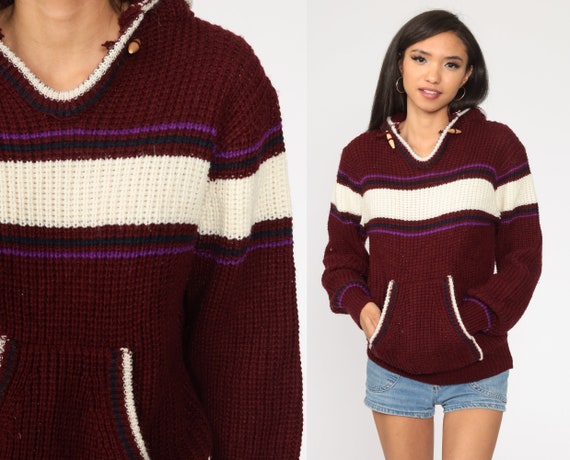 Hooded Sweater 80s Striped Knit Hoodie Burgundy Sweater Vintage Boho Pullover Hood Hippie Jumper 70s Small Medium