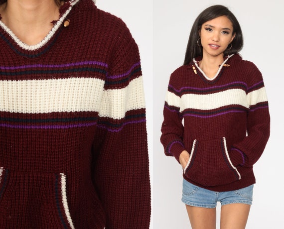 Hooded Sweater 80s Striped Knit Hoodie Burgundy S… - image 1