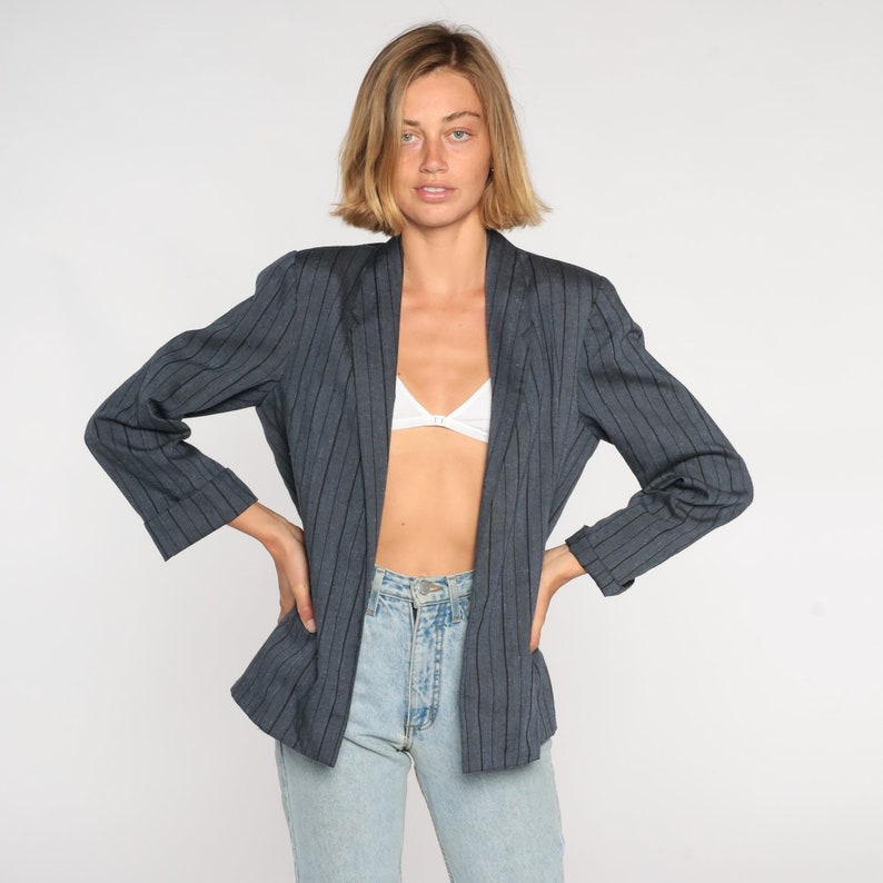 Pinstripe Blazer 90s Open Front Jacket Grey Pin Striped Retro Boho Preppy Office Jacket Professional Formal Basic Plain Vintage 1990s Medium image 2