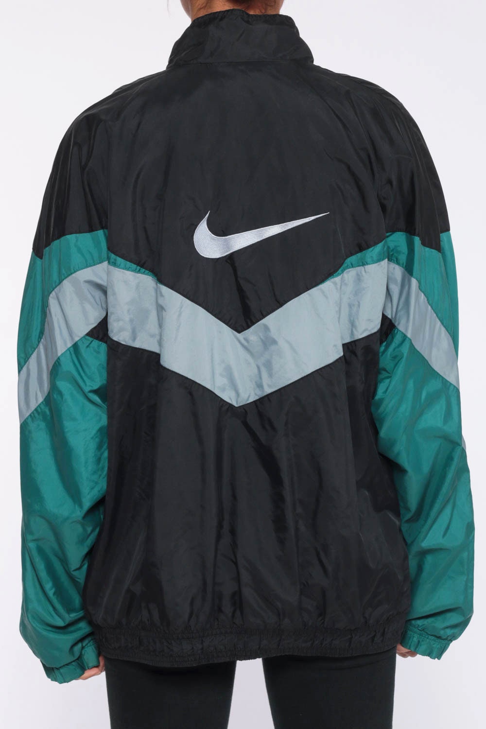 Black Nike Windbreaker Jacket 90s Shell Zip Jacket Striped Streetwear Green Color Block Vintage 