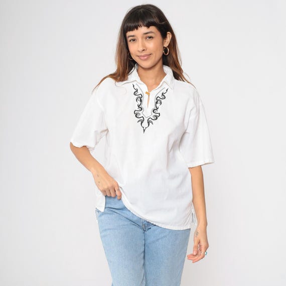 Vintage White Embroidered Shirt Y2K Boho Top Black Stitching Tunic Split Neck Toggle Button Short Sleeve Blouse 2000s Hippie Extra Large xl