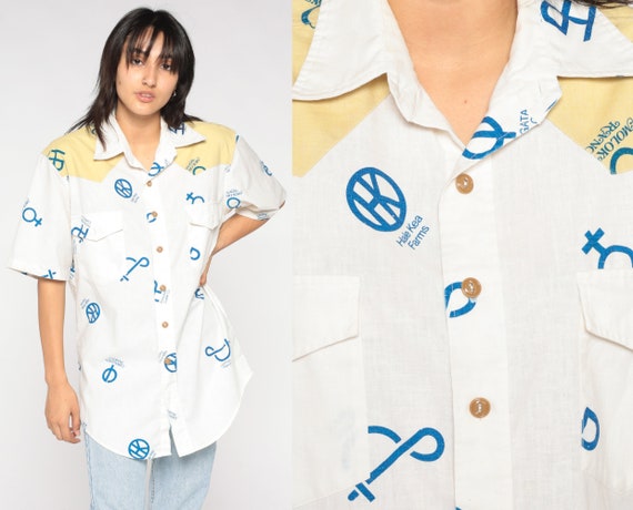 Western Shirt 80s 90s Cattle Brand Print Shirt White Button up Yellow Yoke Ranch Rancher Cowboy Top Short Sleeve Vintage 1990s Mens Medium