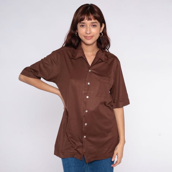 70s Chocolate Brown Shirt Camp Collar Button Front Short Sleeve Chest Pocket Boxy Vintage Blouse Minimalist Office Work Unisex Top Large L