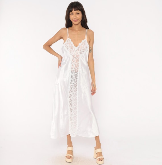 White Satin Slip Dress 90s Bridal Lace Panel Nightgown Sheer Floral Crochet Crisscross Lingerie Gown Coquette Honeymoon Vintage Large L