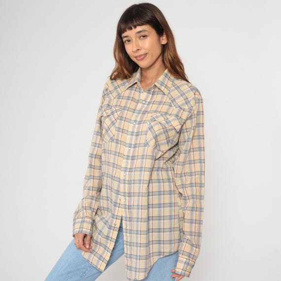 Levis Plaid Shirt 80s Button Up Shirt Retro Preppy Checkered Collared Shirt Long Sleeve Levi Strauss Tan Brown Vintage 1980s Mens Small