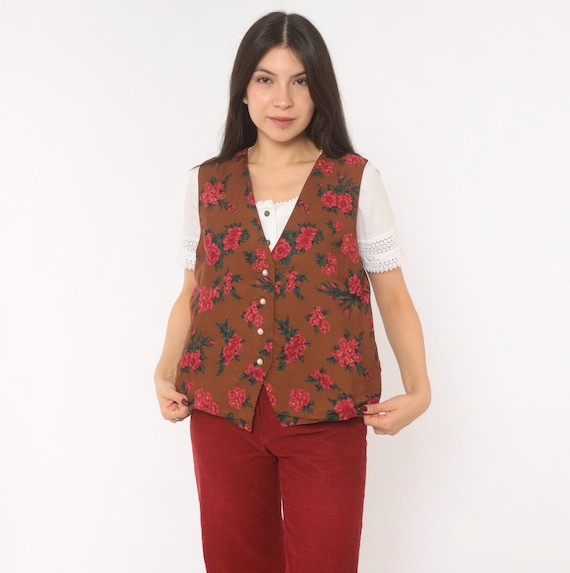 90s Floral Vest Brown Rose Button Front Sleeveless V Neck Tie Back Pink Green Cottagecore Prairie Karen Scott Grandma Style Vintage Small S