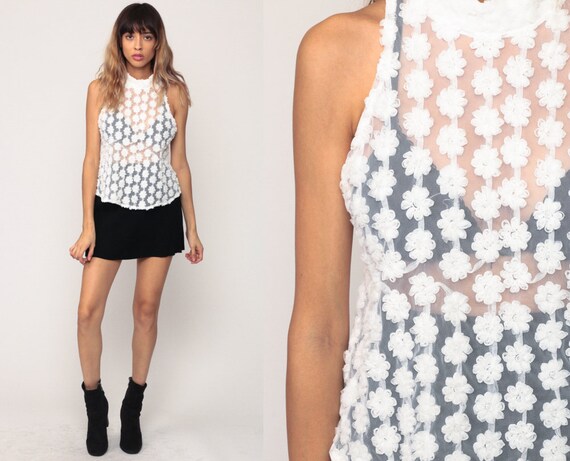 Sheer White Blouse Mesh Tank Top Floral Shirt High Neck Top Romantic Shirt Sleeveless Vintage Shirt Small
