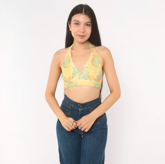 70s Halter Crop Top Yellow Floral Horse Print Bralette Green Abstract Summer Beach Vacation Backless Bikini Style Blouse Hippie Small S