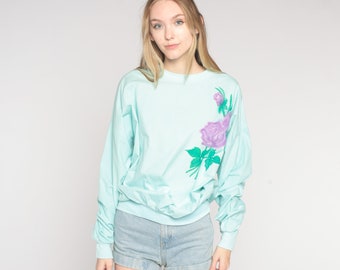 Rose Sweatshirt 80s Mint Blue Floral Sweatshirt Airbrush Flower Print Sweater Pastel Kawaii Crewneck Pullover Vintage 1980s Extra Large xl
