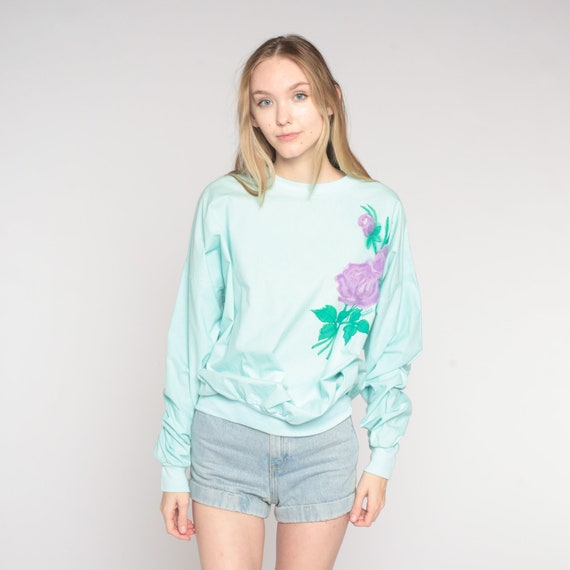 Rose Sweatshirt 80s Mint Blue Floral Sweatshirt Airbrush Flower Print Sweater Pastel Kawaii Crewneck Pullover Vintage 1980s Extra Large xl