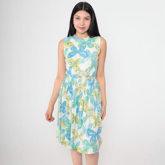 Vintage 60s Butterfly Dress Mod Mini 1960s Mad Men Mid Century Fit and Flare Green Blue High Waist Sleeveless Novelty Print Extra Small xs