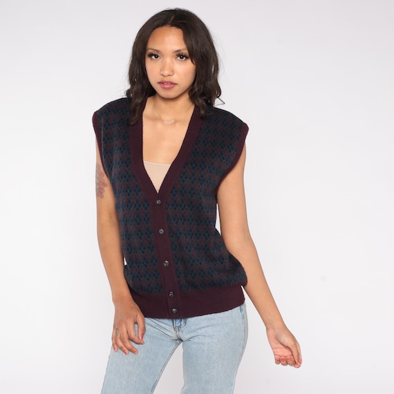 Argyle Sweater Vest 90s Italian Burgundy Navy Green Button Up Wool Acrylic Knit Preppy Collegiate V-Neck Sleeveless Cardigan Large L