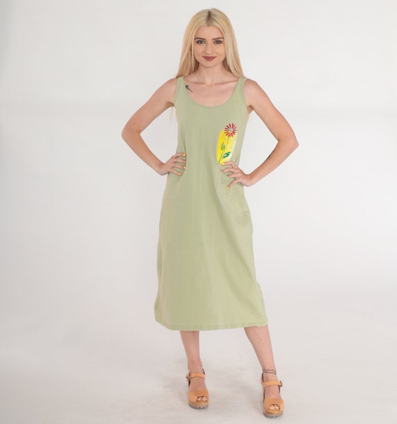 Green Floral Dress 90s Midi Sundress Sleeveless Day Dress Painted Flower Print Scoop Neck Pocket Shift Sun Bohemian Vintage 1990s Small S