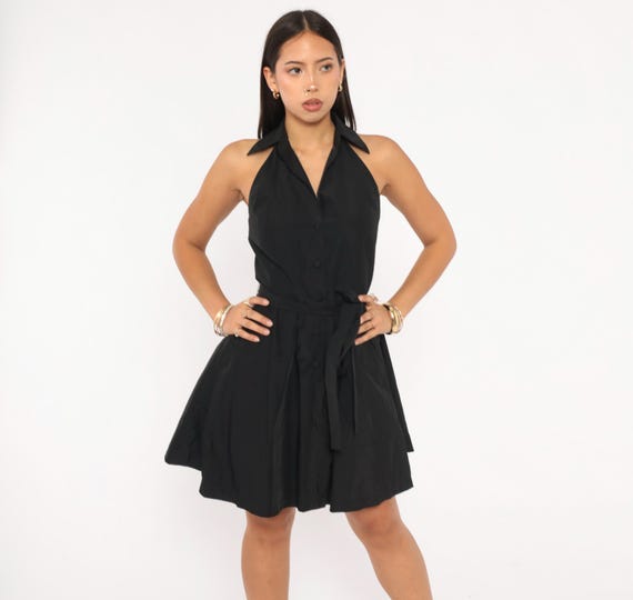 Calvin Klein Halter Dress Black Button Front Collared Fit Open Back Tie Waist Mini Sleeveless Cocktail Party 2000s Vintage Extra Small XS