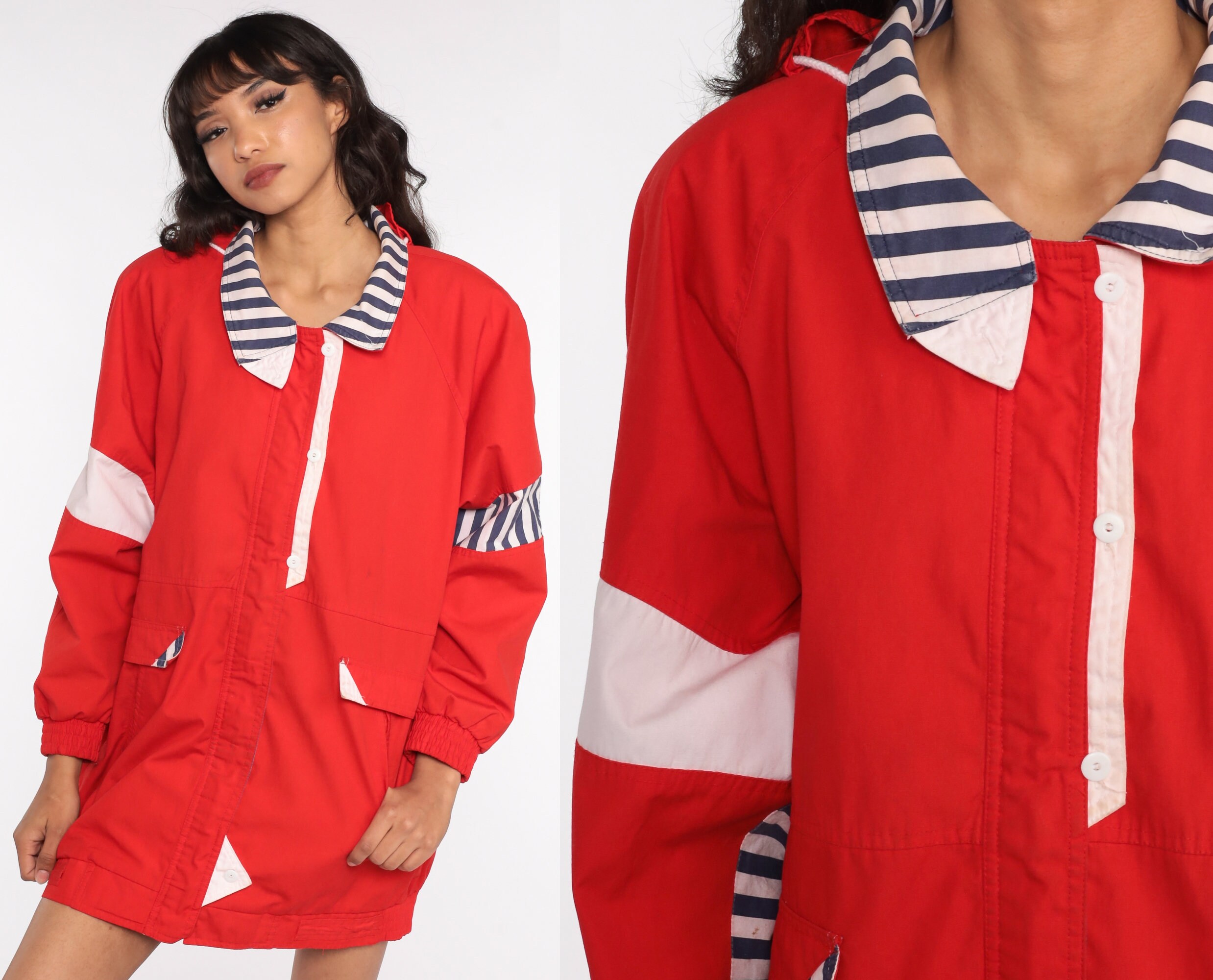 Red Windbreaker Jacket 80s Jacket Nautical Sailor Striped - Etsy