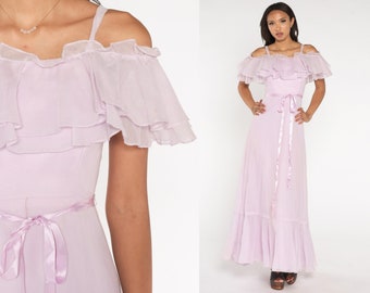 70s Prom Dress Lavender Maxi Dress Ruffled Off Shoulder Party Princess Gown Retro Flutter Girly Pastel Purple Vintage 1970s Extra Small xs