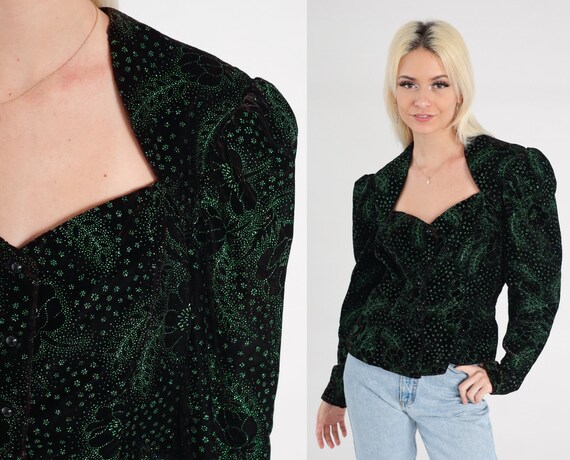 80s Velvet Blouse Sparkly Green Black Floral Shir… - image 1
