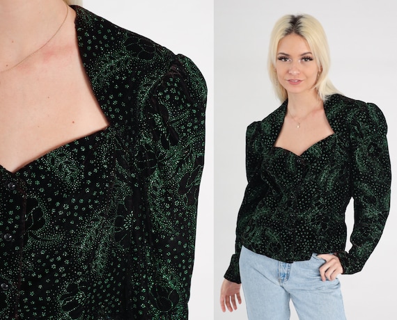 80s Velvet Blouse Sparkly Green Black Floral Shirt Long Puff Sleeve Top Gunne Sax Button Up Metallic 1980s Vintage Party Formal Medium M